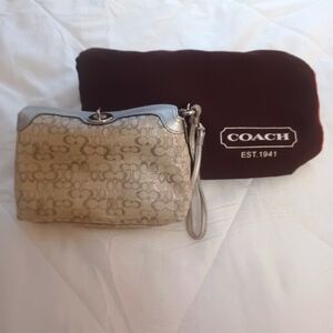 COACH Silver And Tan Fabric Vintage Wristlet with Foldover Twistlock & Dustbag